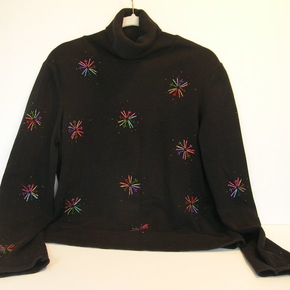 Talbots Black Cotton Turtleneck Fireworks or Stars Embroidered Design - Picture 3 of 4